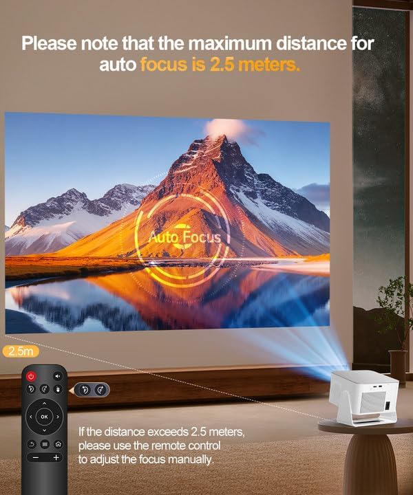 Magcubic HY350Max projector showing auto focus range of 2.5 meters