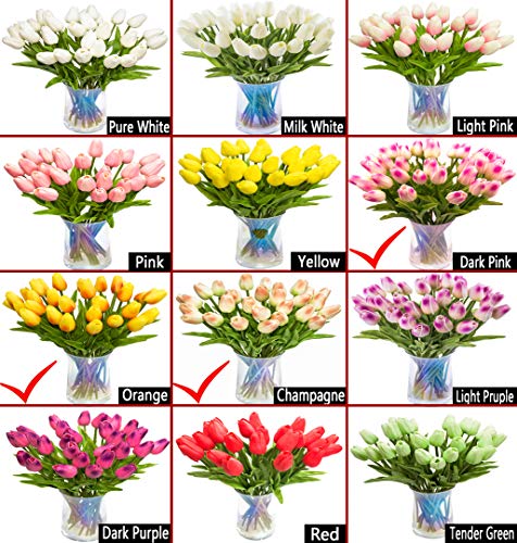 JOEJISN 30pcs Artificial Tulips Flowers Real Touch Multicolored Tulips Fake Holland PU Tulip Bouquet Latex Flowers for Wedding Party Office Home Kitchen Decoration (Dark Pink Orange Champagne)