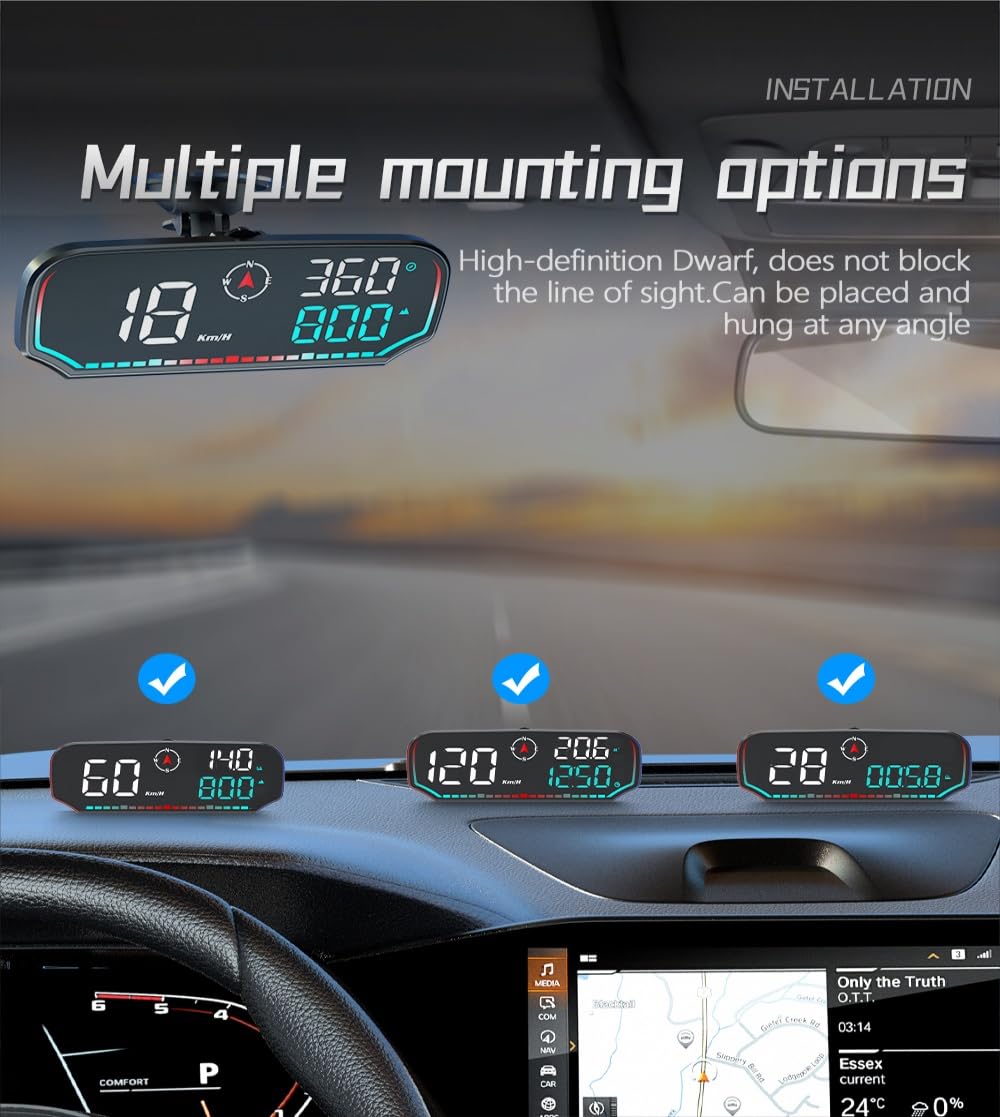 OBEST Car HUD Auto Head Up Display Auto HUD GPS- Tachimetro digitale GPS per auto, Allarme Velocità,con supporto a ventosa girevole