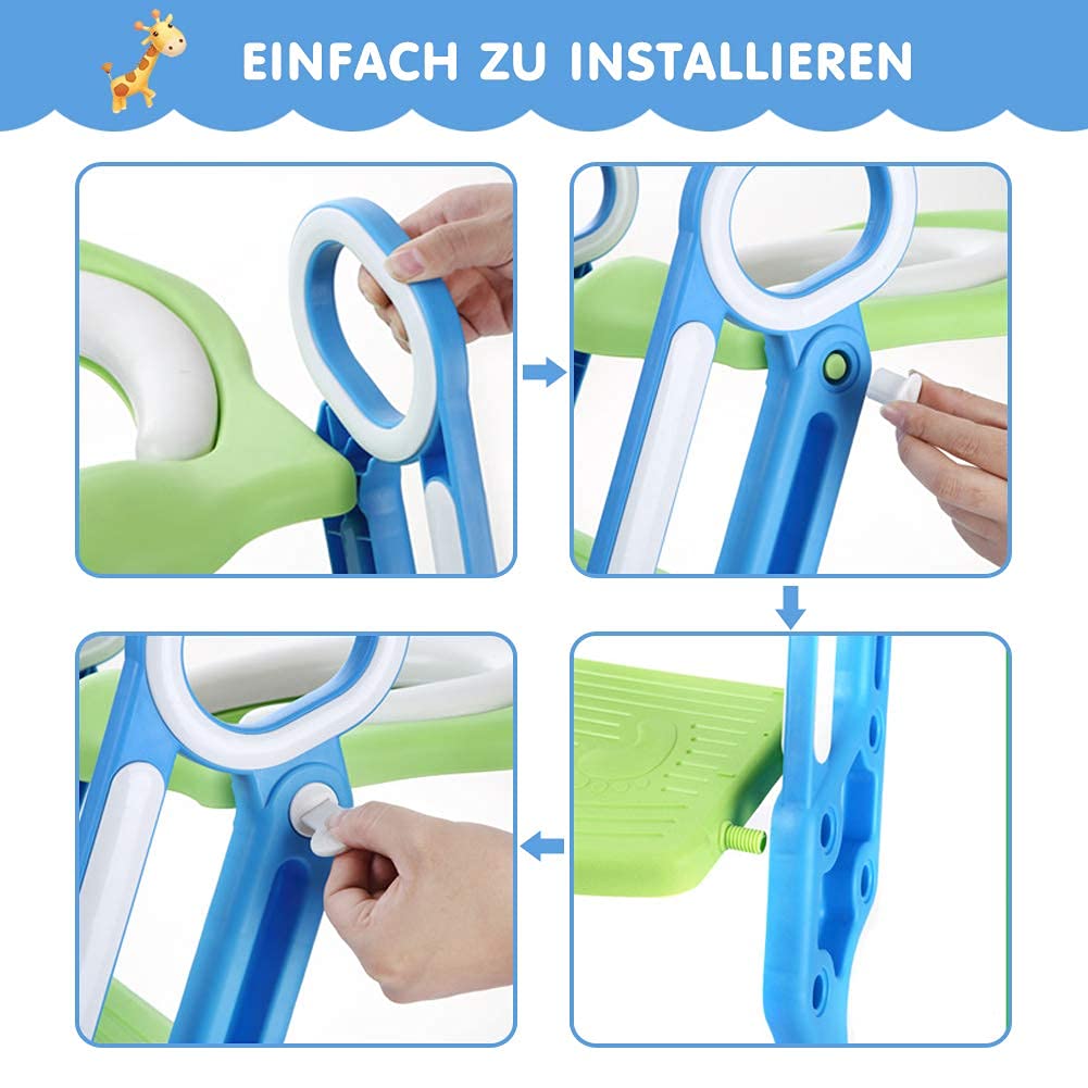 Adaptador WC Niños con Escalera, Asiento de inodoro para niños con orinal con escalera(Blau)