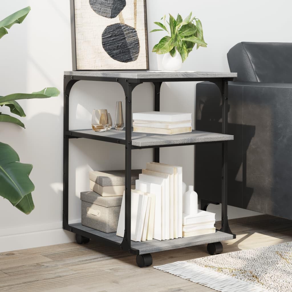 Soporte para impresora 3 estantes gris Sonoma 43 x 48 x 64 cm de material de madera con marco de acero, estantería para impresora con ruedas (2 bloqueables), organizador multifuncional para