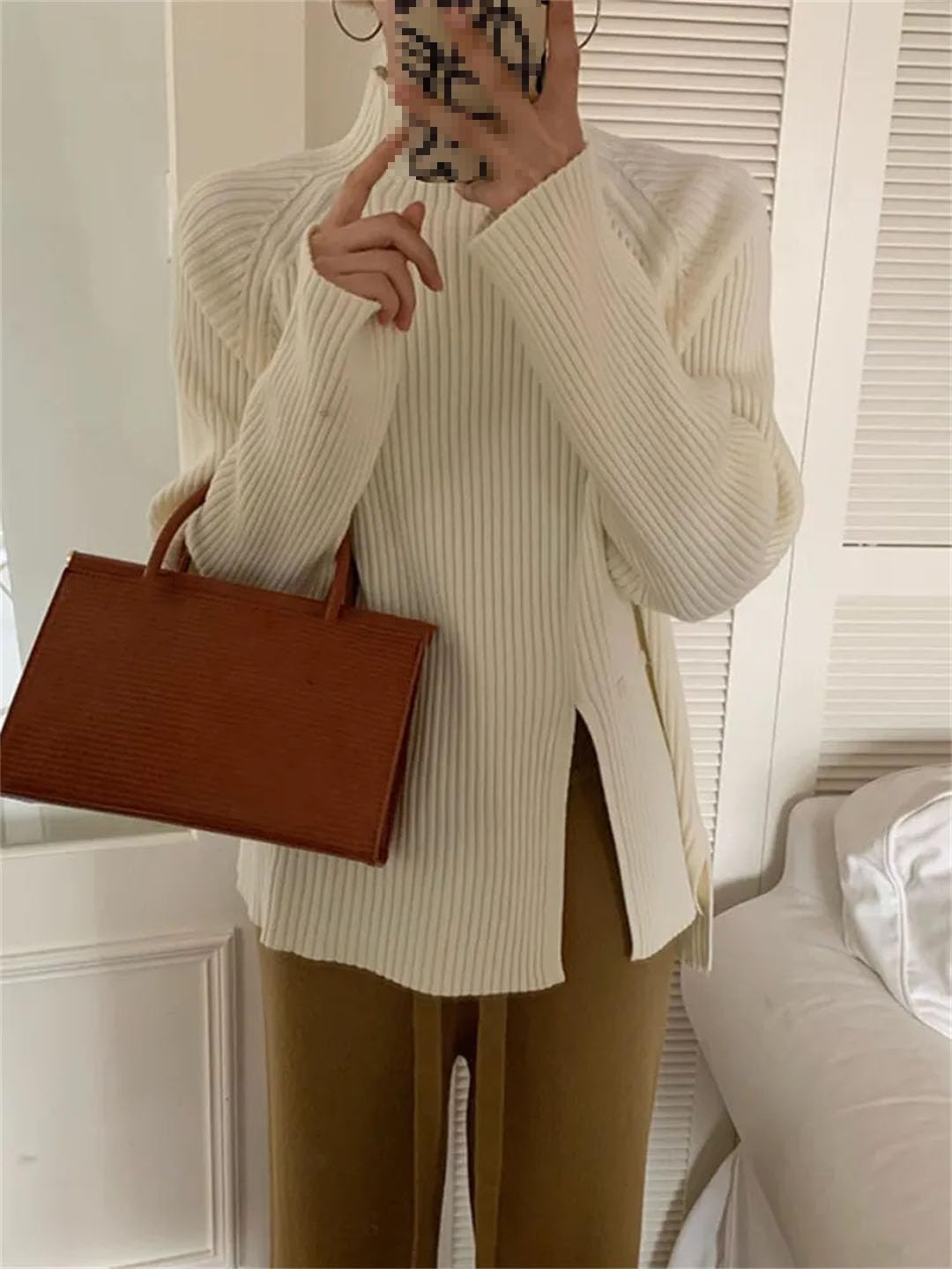 Maglioni da donna a collo alto irregolari con bottoni divisi maglione allentato solido pullover top