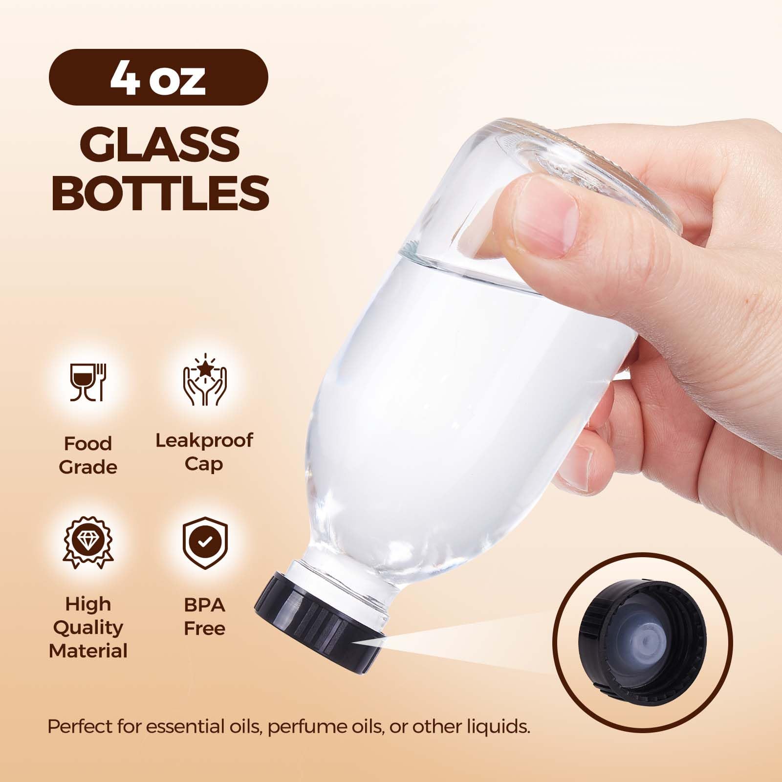 Botellas de vidrio pequeñas de 4 onzas con tapas, paquete de 12 botellas de muestra Boston para líquidos caseros, chupito de jengibre, jugo, poción, aceites esenciales, extracto de vainilla, jarabe,