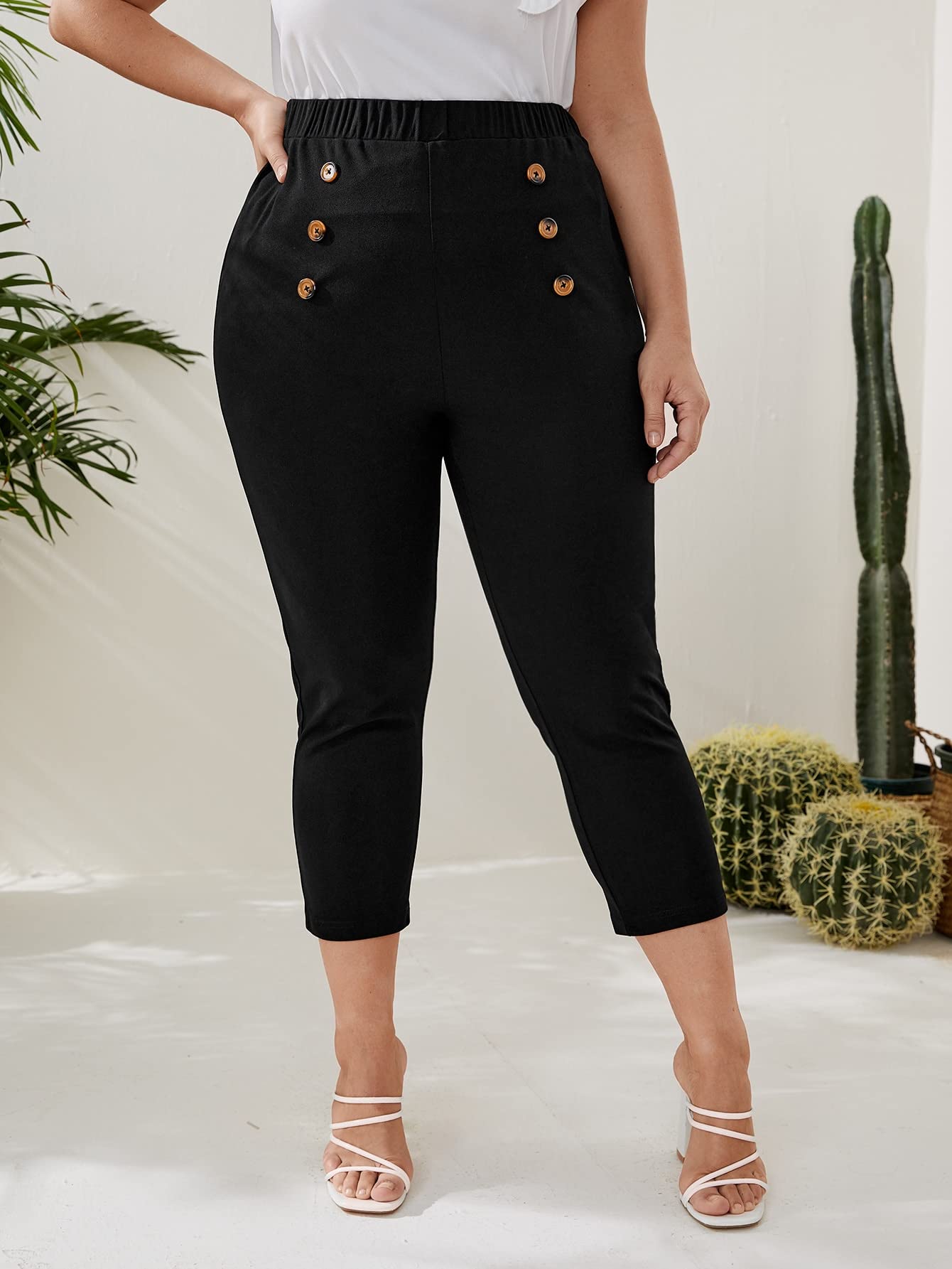 AntaQuyaN Plus Size Pants Women Plus High Waist Fake Button Skinny Pants Plus Size Pants Women Color Black