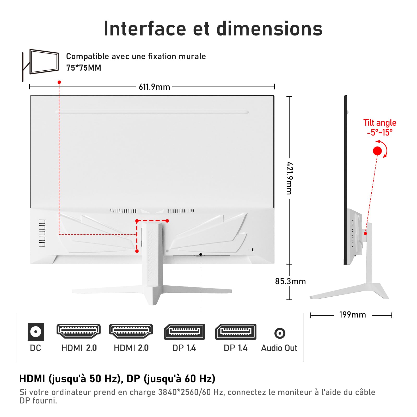 Gawfolk Écran PC UHD 4K 28 Pouces, Moniteur IPS Ultra HD (3840 × 2560 p), 3:2, 1,07 Milliard Couleurs, 128% sRGB, Haut-parleurs intégrés, Angle de Vision Large 178°, DisplayPort, HDMI, Blanc