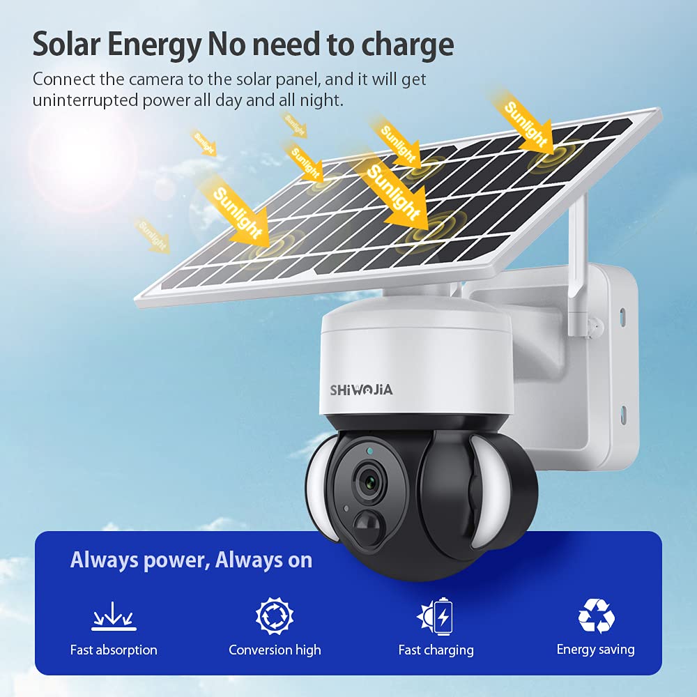 SHIWOJIA Camera Tuya Exterieur, Camera Solaire Exterieur WiFi sans Fil, 3MP Camera Smart Life, 360° PTZ, Vision Nocturne Couleur, Audio Bidirectionnel, PIR Sirène