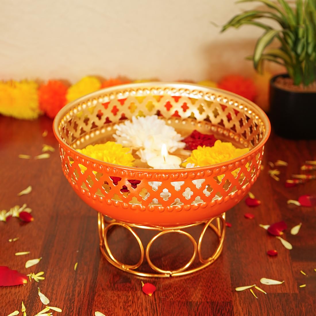 Orange Urli Bowl with Stand for Home Decor & Table Decoration | Floating Flowers, Tealight Candles Water Bowl for Diwali Pooja & Other Festivals | Gift for Various Occasions