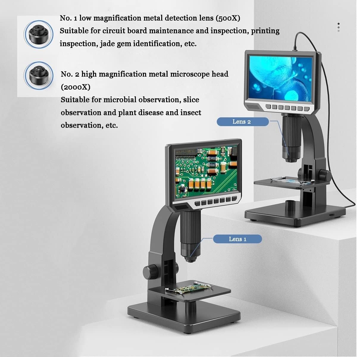 Microscopio biologico digitale 2000X con doppia lente, display IP da 7 pollici, 11 LED, video 1080p, per bambini e adulti, compatibile con più sistemi operativi