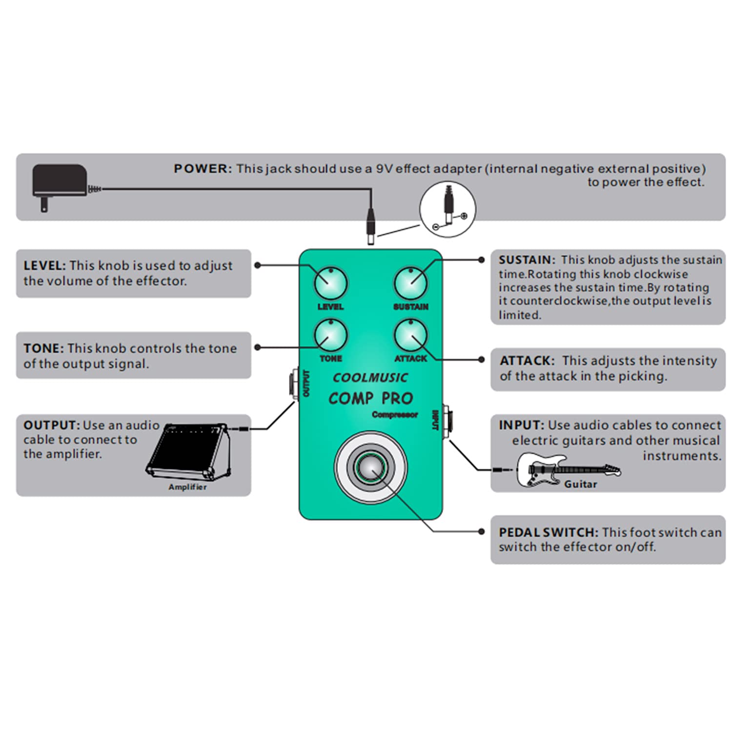 Amazon.com: COOLMUSIC C-CS01 Compressor Pedal, Comp Guitar Pedal