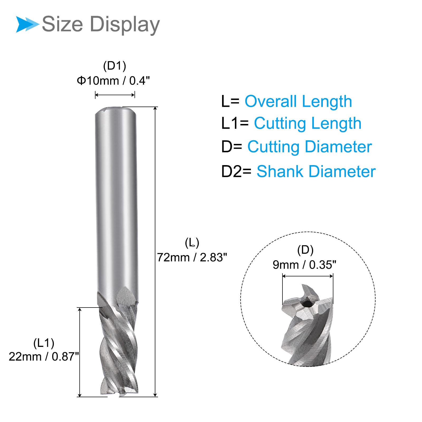 CoCud 4-Flute Spiral End Mill Bits, 9mm Diameter 22mm Length, High Speed Steel Straight Milling Cutter with Storage Case- (Applications: for Plywood Hardwood Plastic),