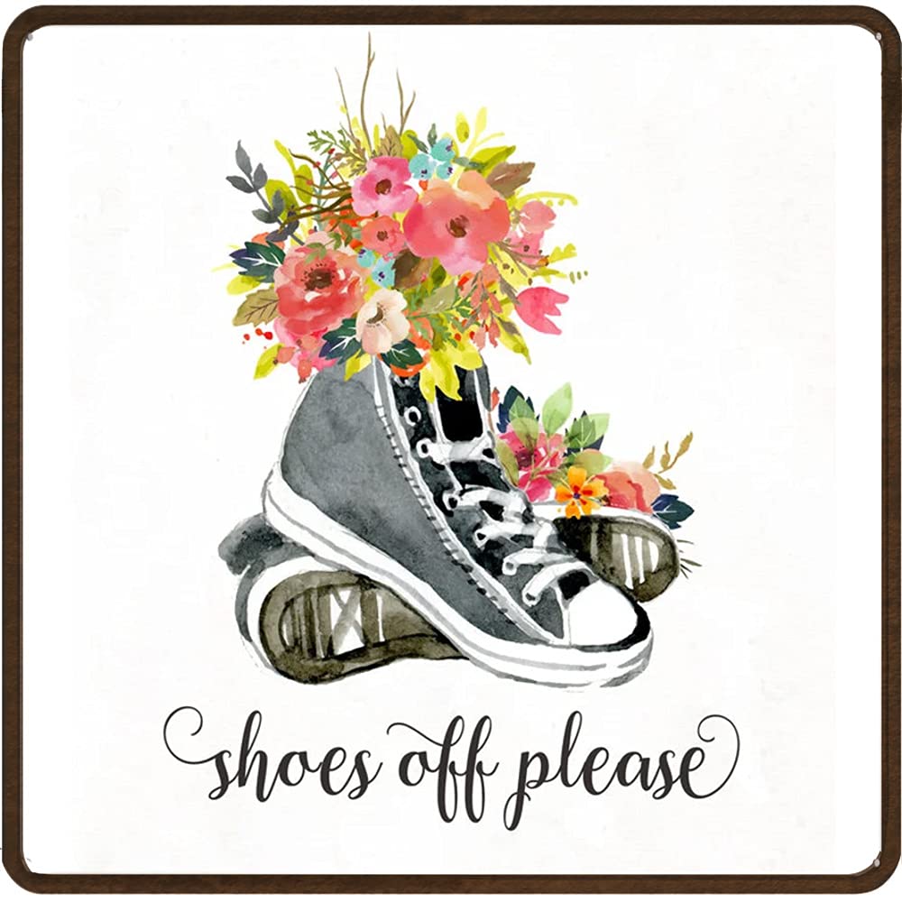 Daiercy Shoes Off Please Fun Tin Sign Entry Sign Foyer Sign Watercolor Floral Sneakers Wall Art Home Decor Quote Printable Metal Sign Houseswarming Gift 12X12 Inches Square Sign
