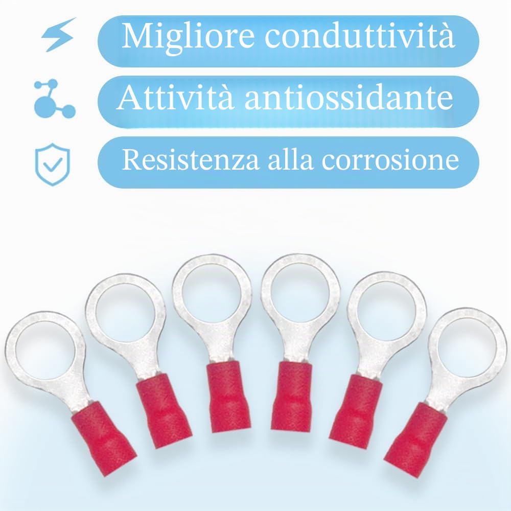 100 Pezzi Anello Capocorda Elettrico Terminale Connettori Elettrici Diametro Foro M8 Crimpare Connettori – Per Cavi Da 0,5 – 1,5 mm² (Rosso/YPRH8)