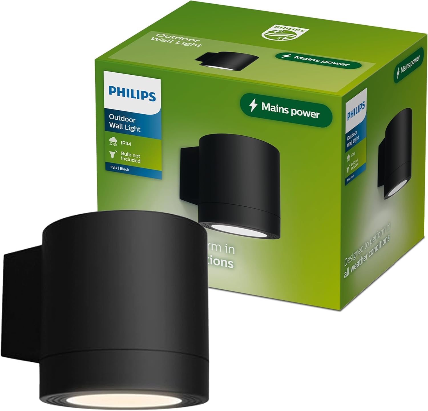 Philips Fylx Applique da Esterni + Lampadina LED GU10, Luce Bianca Calda, Resistente a Intemperie IP44, Durevole, Alluminio, Design Moderno, Nero