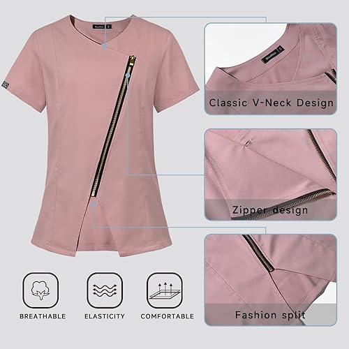 Miniatura 4 de niaahinn Camiseta quirúrgica con cuello en V y cremallera para mujer, uniforme mecánico original