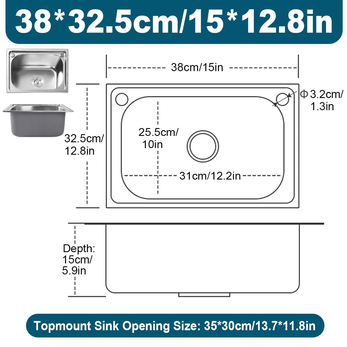 Fregadero Cocina en Acero Inoxidable,Fregadero de Cocina 1 Seno,Fregadero empotrado lavabo Plata,Fregadero Rectangular Pequeño,38x33 cm,42x37cm,48x35cm,50x40cm,53x38cm,60x45cm(38x33 cm)
