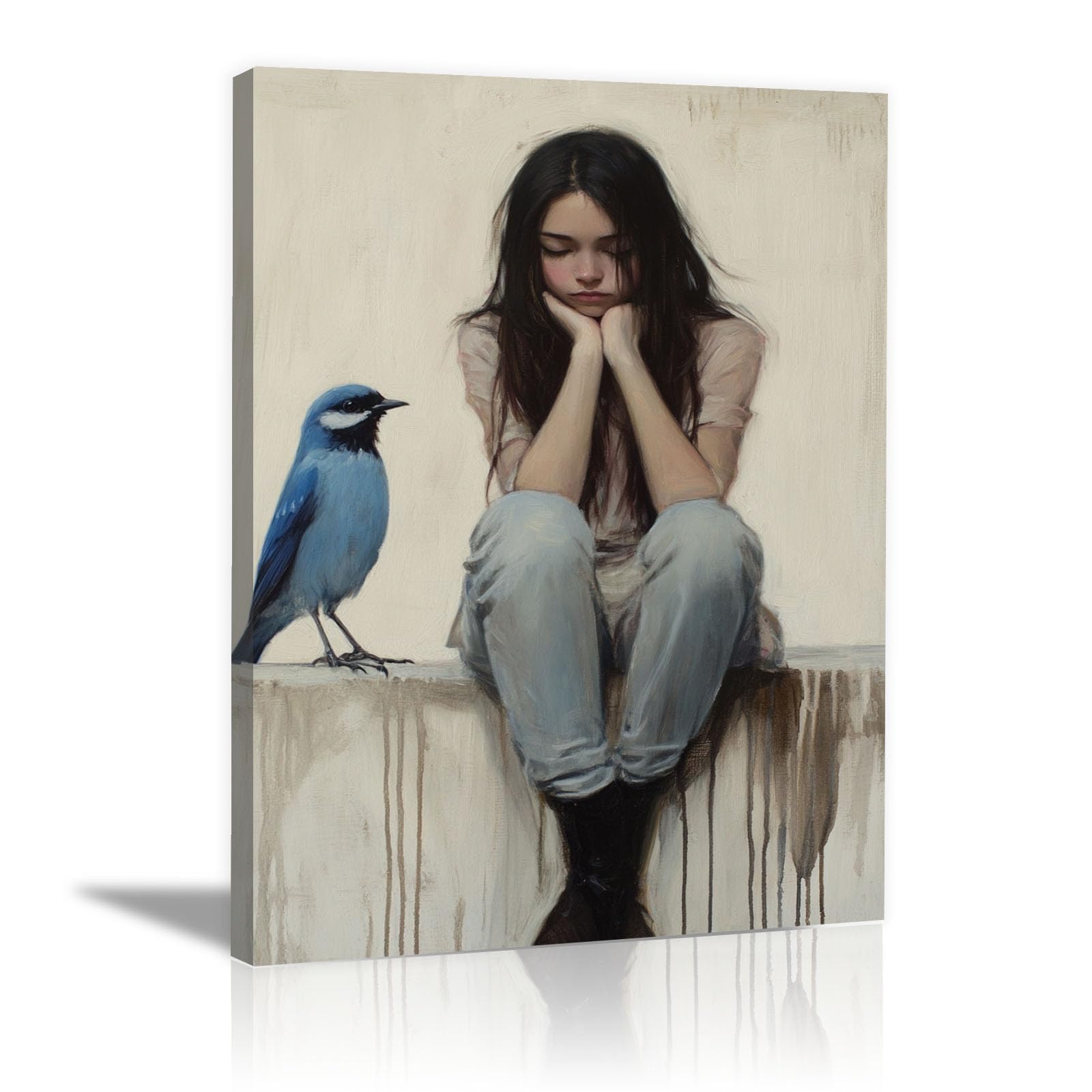 TERUEA Vintage Bathroom Wall Art - Woman with Blue Bird Print Vintage Humor Wall Poster for Bathroom Toilet Decor(Blue)-60x90cm Framed