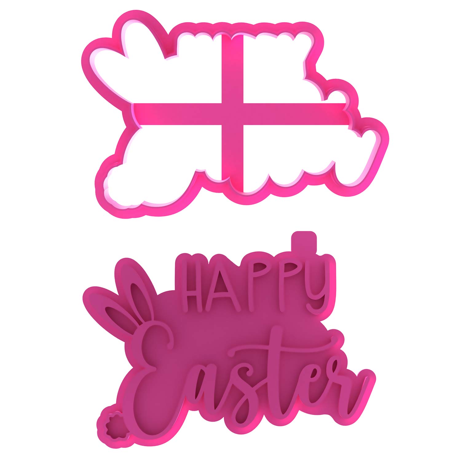 LissieLou Happy Easter Style 4 with Ears and Tail Cookie Cutter and Stamp Easter Icing Stamp Fondant Embosser - Light Pink