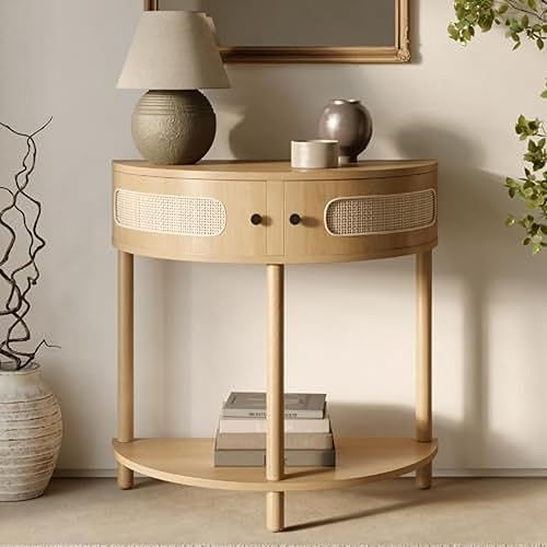 Mesa consola de ratán de media luna, mesa de entrada pequeña con almacenamiento para espacios estrechos, decoración moderna del hogar, muebles de