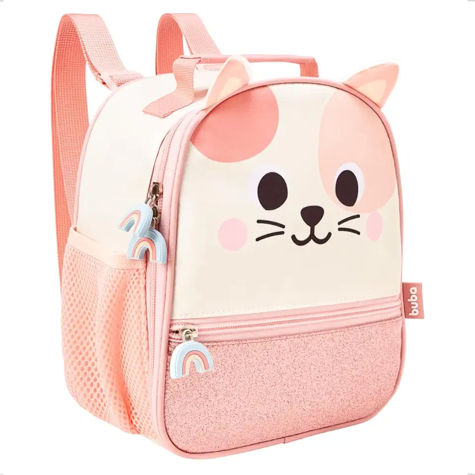 Lancheira Bolsa Térmica Gatinho Gato Zoo Infantil Glitter Rosa Menina Lanche Escolar Alça Buba