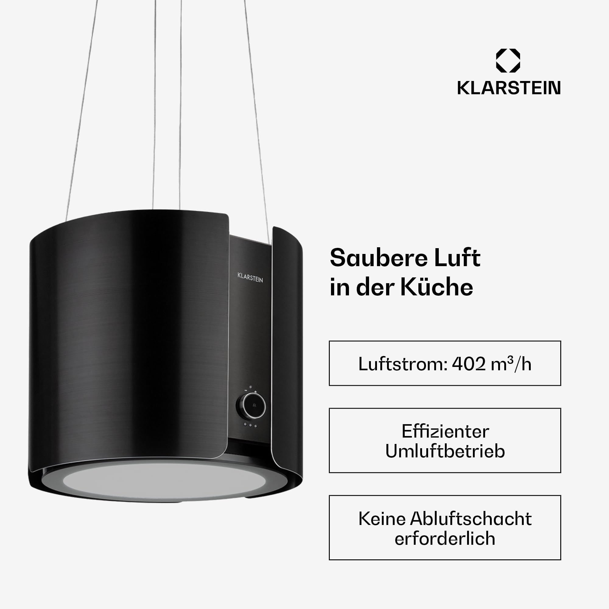 Klarstein Skyfall Smart Dunstabzugshaube freihängend Umluft Abluft App Gestensteuerung 45x42 cm 402 m³/h 200 W LED schwarz