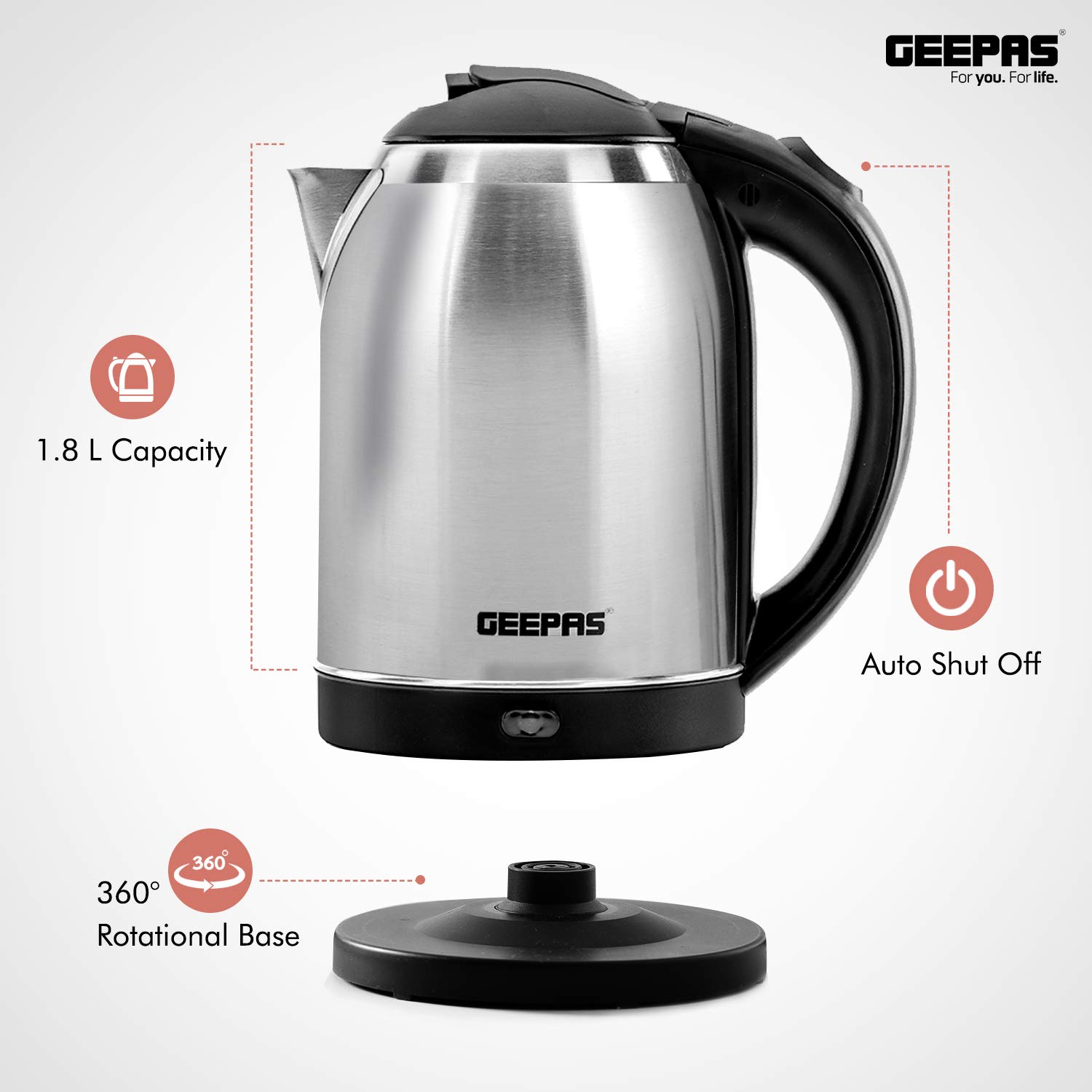 Geepas Electric Kettle, 1500W Stainless Steel Cordless Kettle Boil Dry Protection & Auto