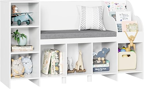 HOUSUIT Estantería para niños con rincón de lectura, estantería con cojín de asiento y estante ajustable, banco de almacenamiento con estante para