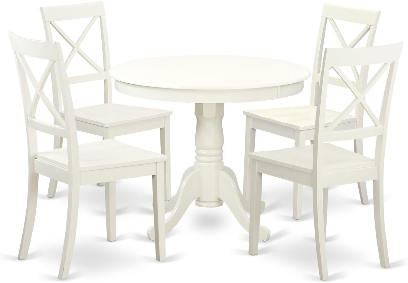 East West Furniture Antique 5 Piece Dinette Set for 4 Includes a Round Kitchen Table with Pedestal and 4 Dining Chairs, Linen White - Table & Chair Sets