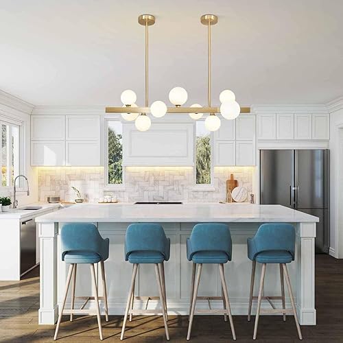 Miniatura 5 de BOKT Lámpara rectangular dorada moderna de mediados de siglo, 9 luces, globo lineal, lámpara colgante de techo, lámpara redonda de vidrio blanco