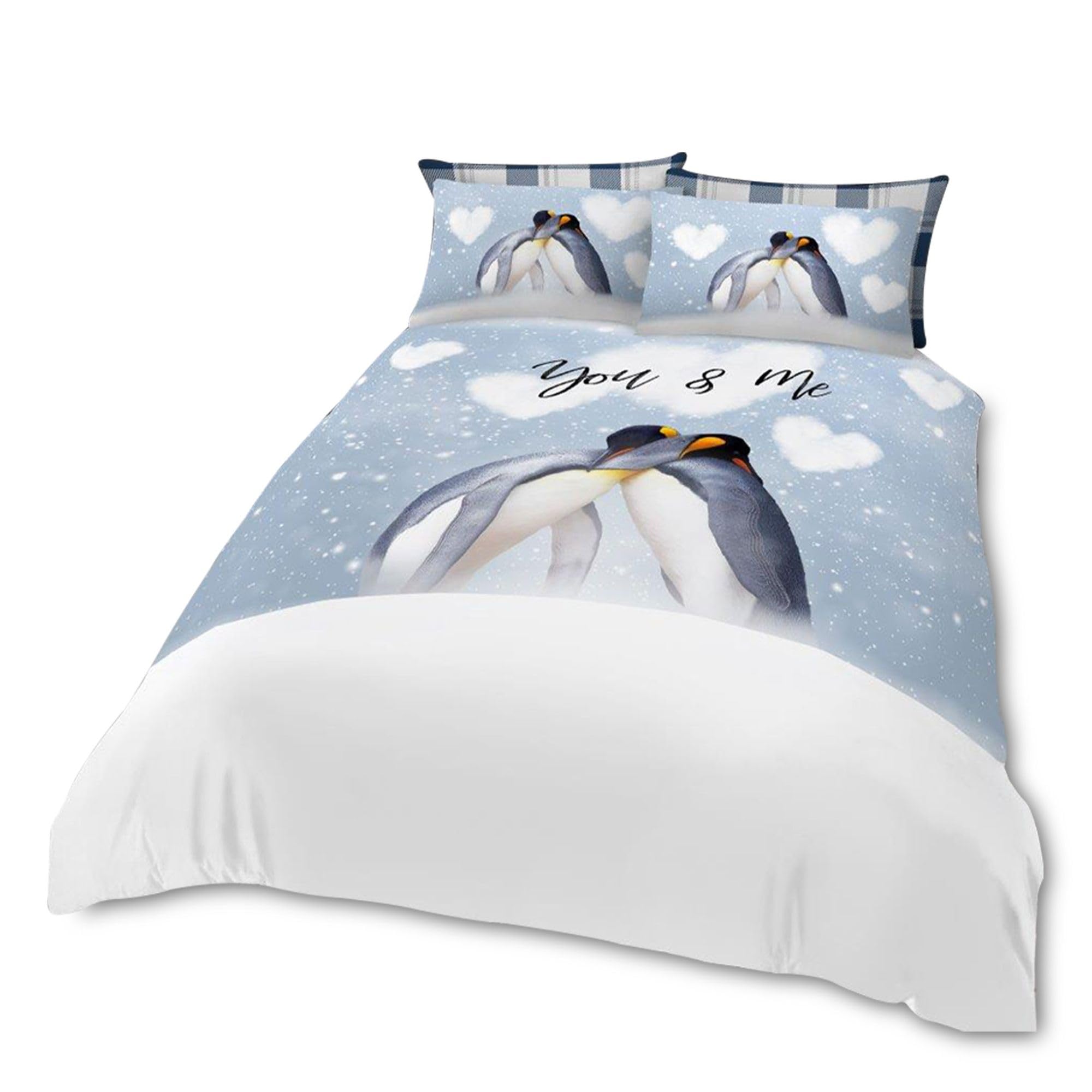 VELVETIO Christmas Duvet Cover Set & Pillowcase, Ultra Soft Xmas Penguin Love Bedding Bedset Single, Reversible Snowflakes Heart Comforter Quilt, Multi