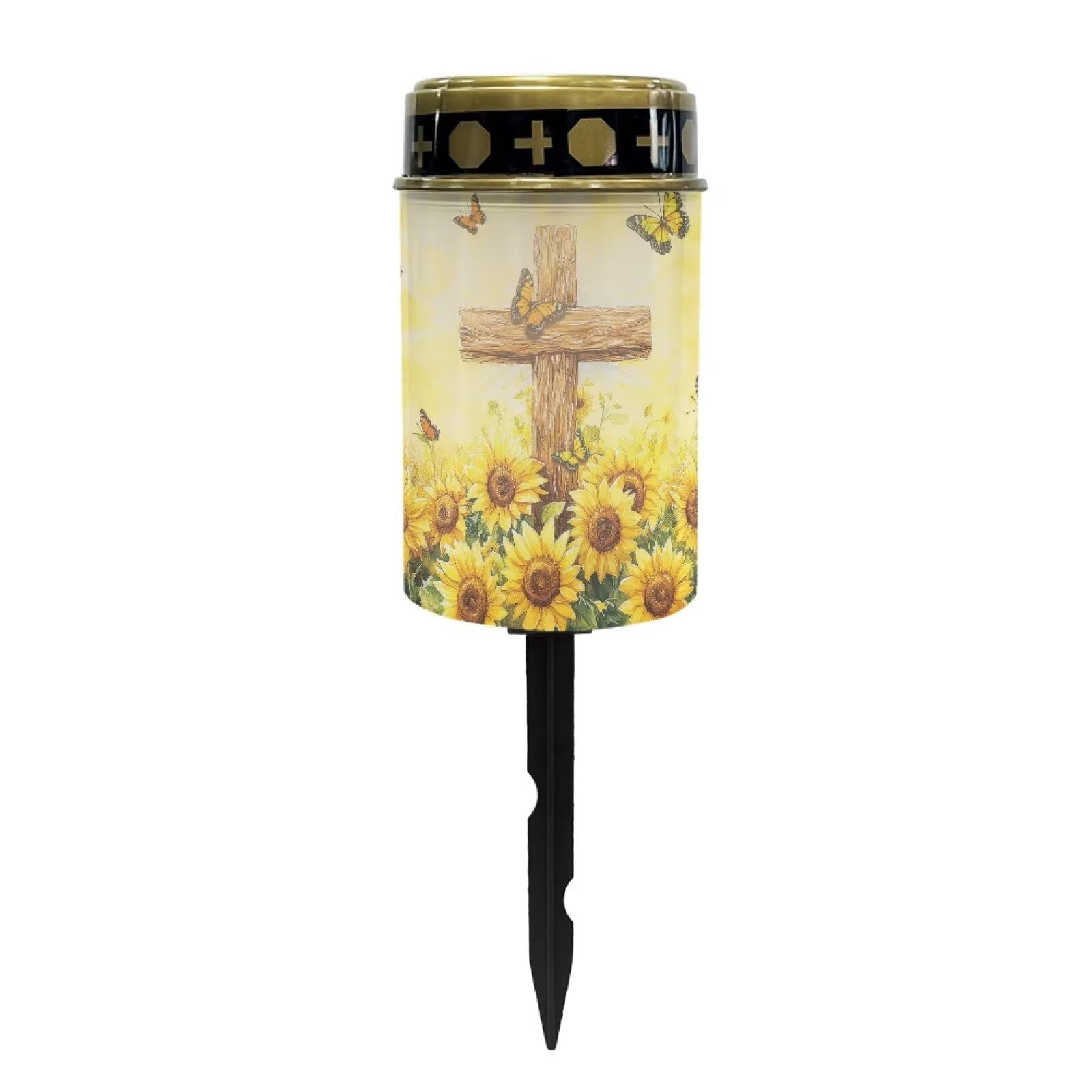 Solar Lights Outdoor Waterproof Cross Sunflower Print Cemetery Garden Lights for Grave Flameless Lamp Candles for Outdoor Decoration
