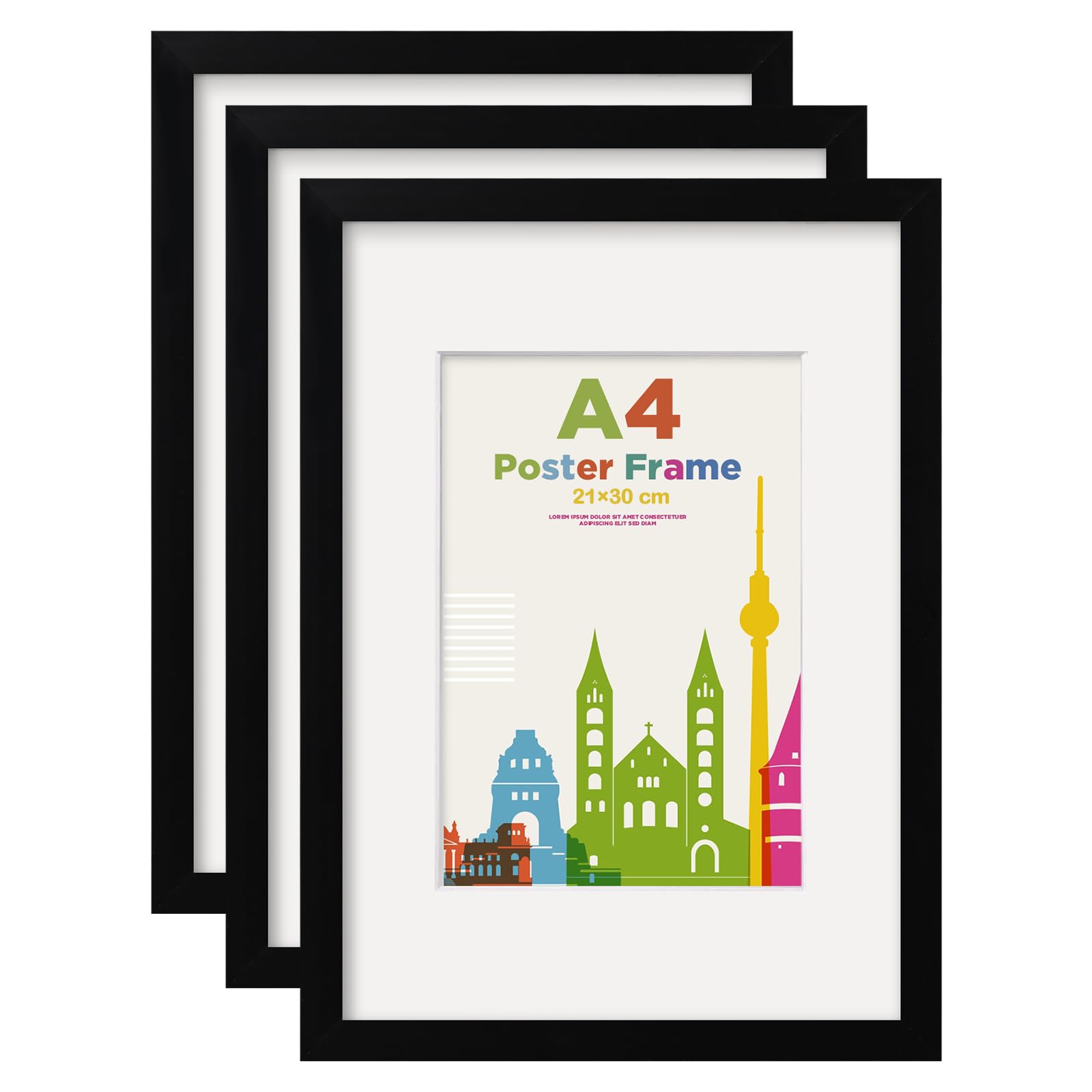 EGOFINE A4 Picture Frames 3Pcs Covered by Plexiglass, Display Picture A5 with Mat or A4 without Mat, for Table Top Display and Wall Mounting A4 Photo Frame, Black — image 1