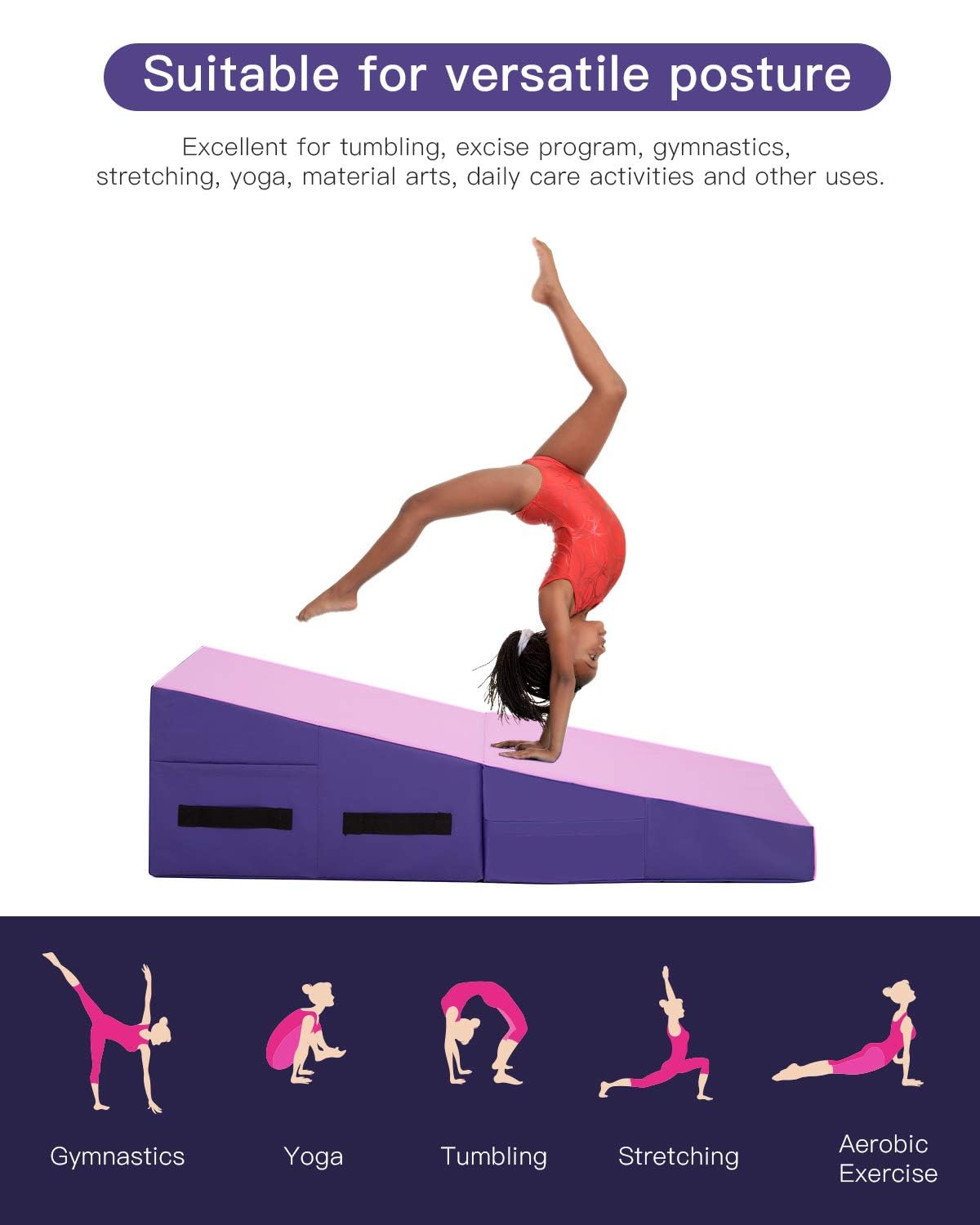 Folding Incline Gymnastics Mat for Tumbling, Folding Tumbling Mats Cheese Wedge Incline Mat with Non-Slip PU Leather Surface & Handles, Gym Fitness Tumbling Matts for Kids Girls Home Training Exercise