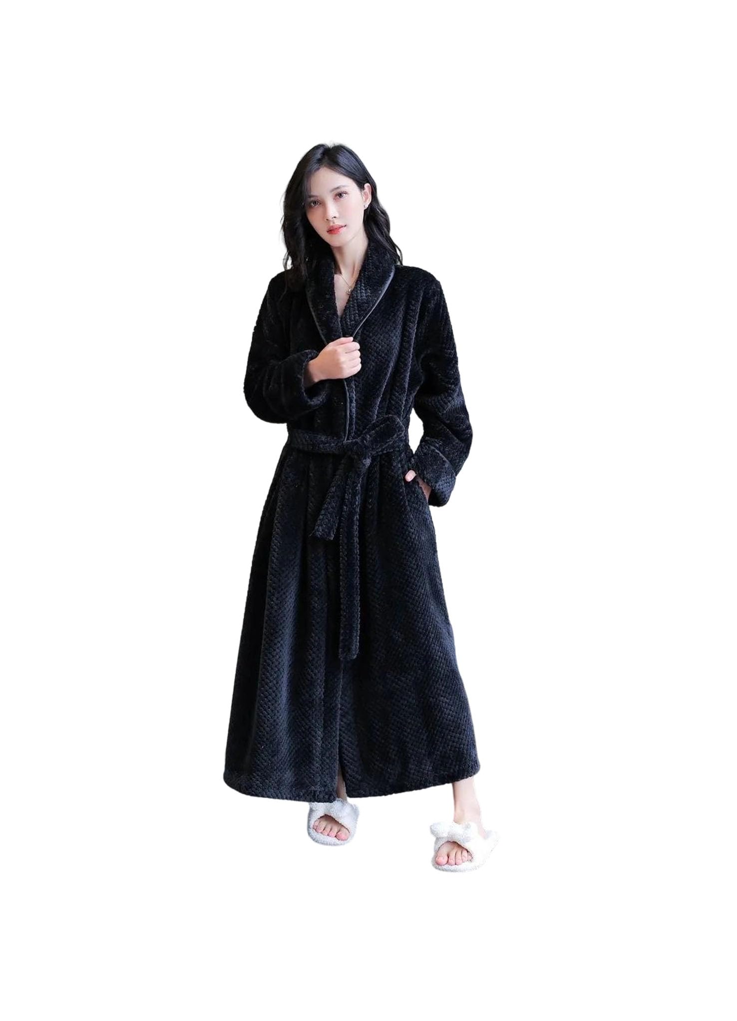 Men Women Thick Flannel Couple Pajamas Nightgown Bath Robe Kimono Bathrobe Fleece Sleepwear Warm Robes Belts Black-Women-XL Black-Women-XL