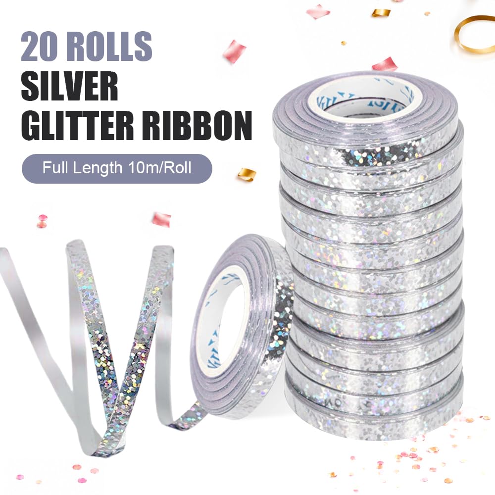 20 PCS Stelle Filanti Colorate 10 M X 5 MM,Nastro Glitterato per Decorazione,HMCEY Nastro per Pacchi Regalo,Nastri Confezione Regalo per Palloncini per Carnevale, Artigianato, Matrimonio - Argento