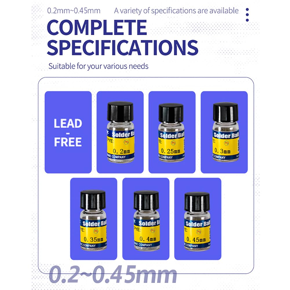 Bola de soldadura de montaje, 6 botellas, bola de soldadura de estaño, bola de soldadura de estaño, bola de soldadura de estaño, plantillas universales para chip PCB de 0,2, 0,25, 0,3, 0,35, 0,4, 0,45