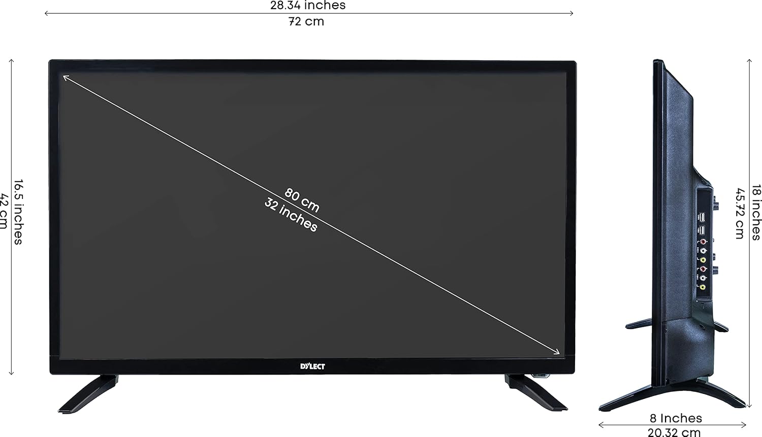 Фронт view of Dylect 32IPS30H TV with dimensions and attached table stands.