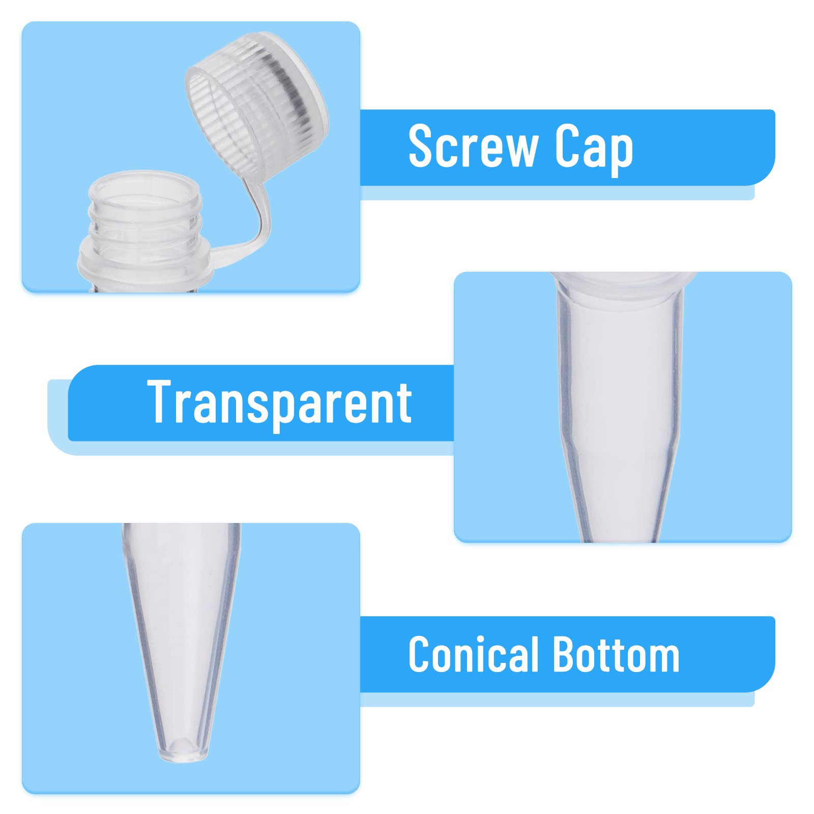 Microtube à centrifuger de laboratoire 1,5ml 500pcs Tubes à centrifuger avec bouchon à visser Transparent pour laboratoire Tubes à réaction échantillon Plastique Tubes à essai