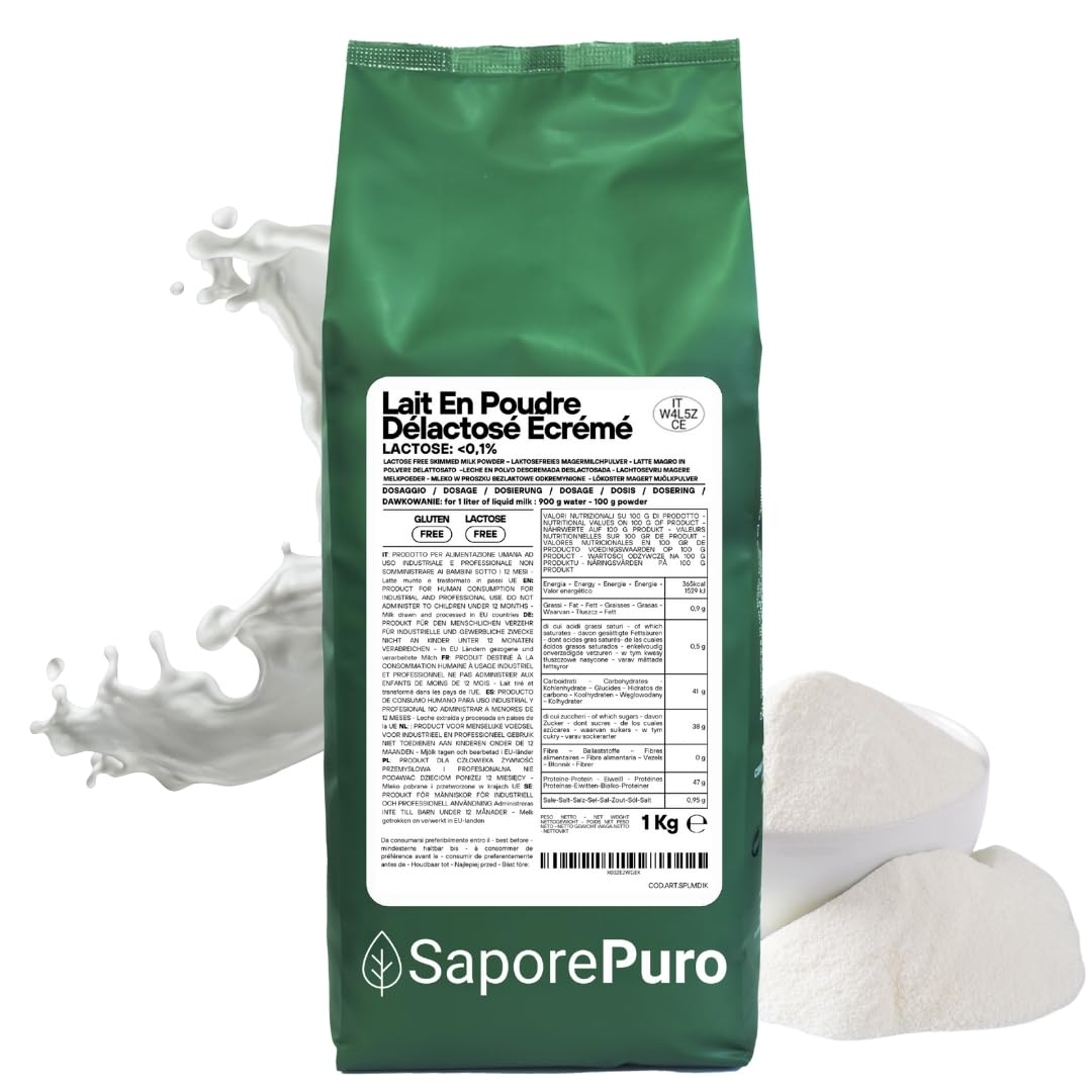 SaporePuro Lait Écrémé Déshydraté Sans Lactose 1 kg | Haute Solubilité | Idéal pour Pâtisseries, Pain et Glace Artisanale | Usage Professionnel et Industriel | Sans Lactose | Sans Gluten