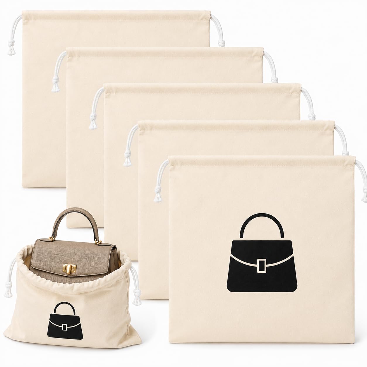 VARU 5 Pack Cotton Dust Bags for Handbags | Drawstring Travel Storage Pouch for Handbag, Purse,Shoes,Boots| Handbag Storage for Closet | Clutch, Purse,Handbag Organizer for Home (15 * 15inch, Beige)-image-47