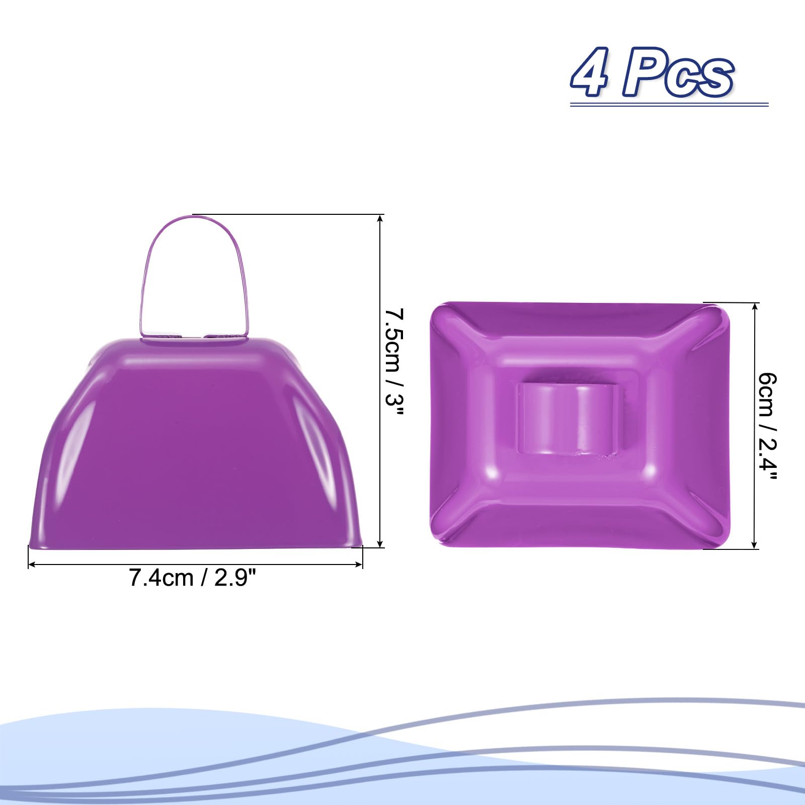 PATIKIL 4pcs Cow Bells for Football Games 3in Cowbells for Sporting Events Bulk Loud Noise Makers Metal Cow Bell with Handle for Cheering Competition Marathon Wedding Blue Purple - Image 2