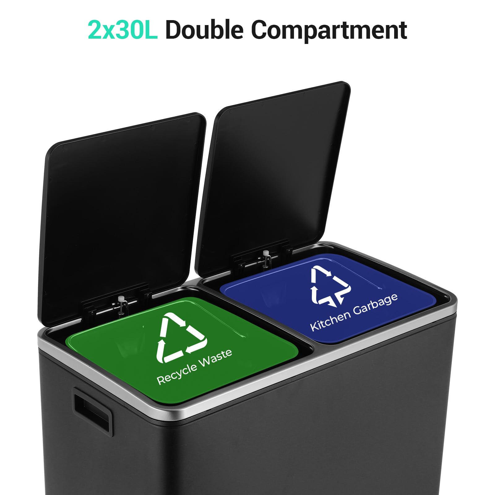 Double Compartment Bin 2 x 30 L, Soft Close Lid, Pedals