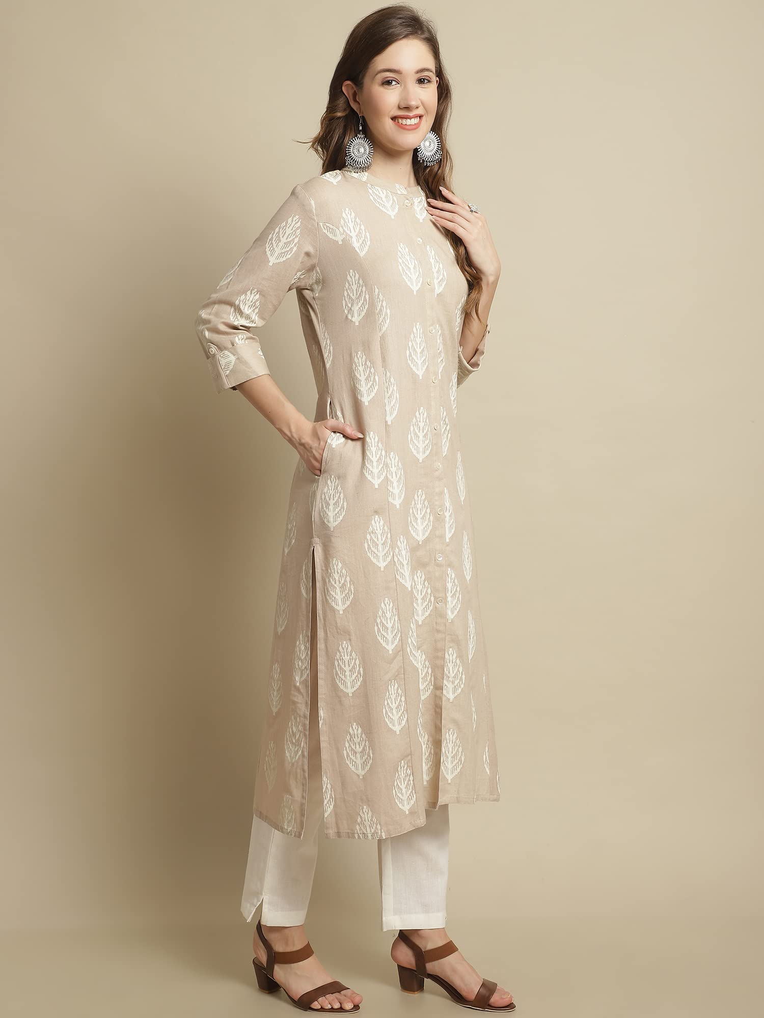 Pistaa's Women's Cotton Regular Printed Regular Fit Kurta (Large, Skin) 1