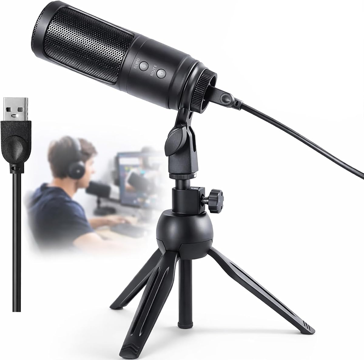 USB Microphone, Cardioid Condenser Mic with Noise Cancellation | One-Click Mute & Echo Effect, USB Mic for PC/Mac, Plug & Play for Podcasting, Streaming, YouTube, Vocals, Meeting & Gaming