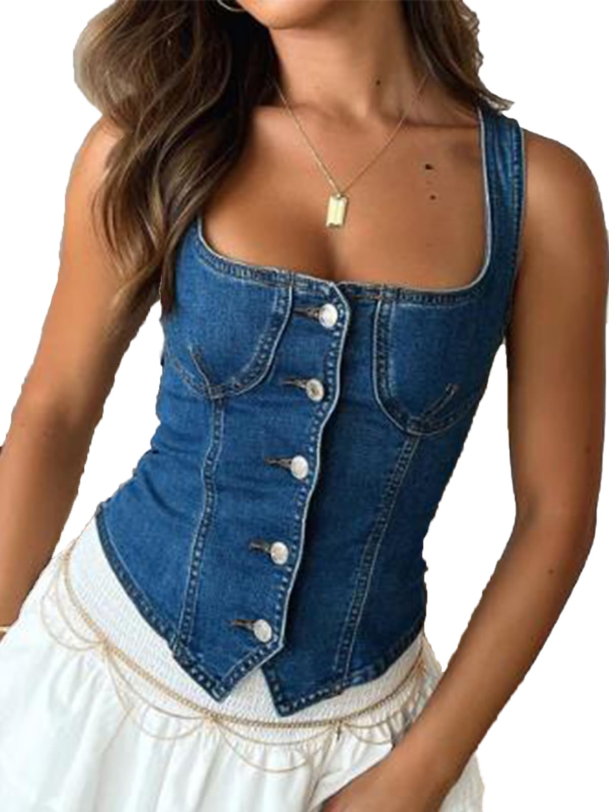 Denim Vest Top for Women Y2K Button Down Jean Corset Tops Sleeveless Tank Top Slim Backless Crop tops Vest