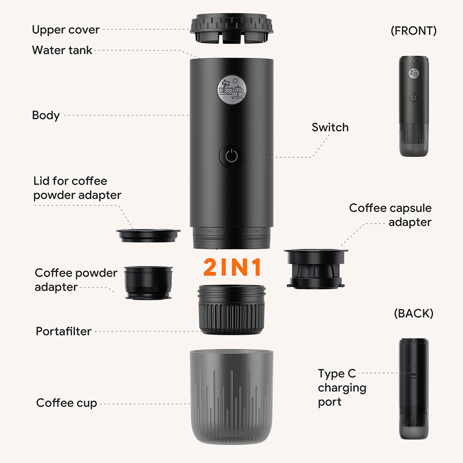 Cafetera portátil de capacidad de 100 ml, modos de preparación ajustables, diseño de viaje pequeño para bebidas, máquinas de espresso portátiles