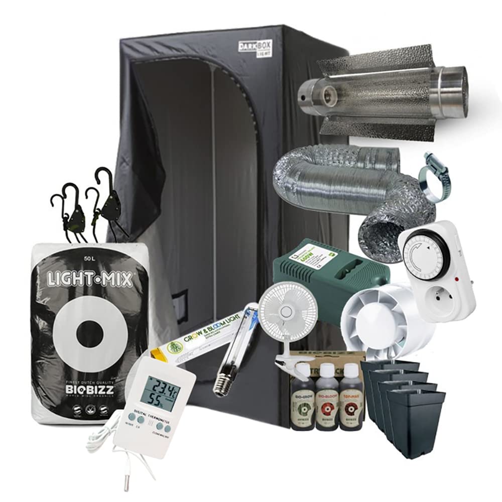 HYDROPLANETE Pack Chambre de Culture Indoor - Tente 80, 100 ou 120cm - kit Cooltube HPS 250, 400 ou 600W - Inclus Engrais, Pots et terreau Biobizz - Pret-à-Planter ! (120x120x200cm - 400W)