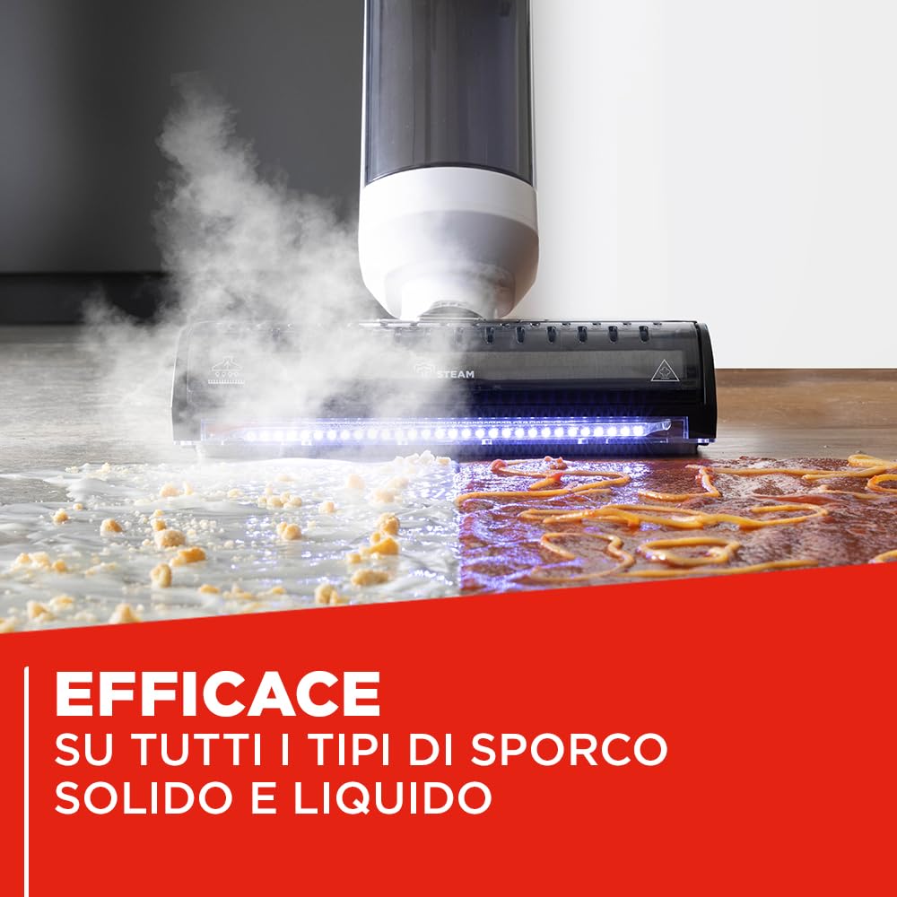 Polti Rollysteam WD50C Cordless, Lavapavimenti con Funzione Vapore e Aspirapolvere, 450 W, Pulizia Completa in un solo Passaggio, Senza Fili, Auto Pulizia, Bianco