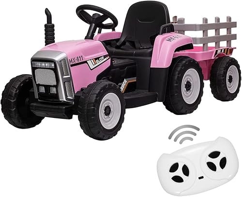 Tractor eléctrico de 12 V para niños con remolque, automóvil para niños pequeños con control remoto, 7 faros LED, cambio de marchas 2+1, reproductor