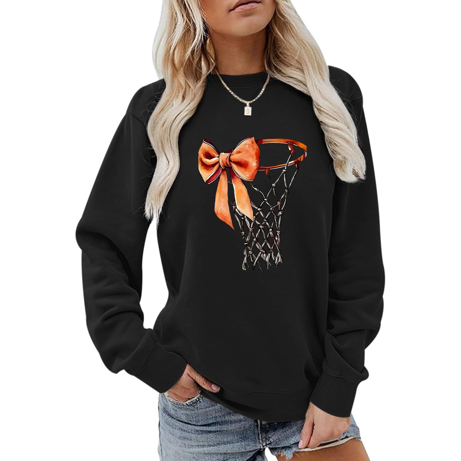 Basketball Crewneck Sweatshirt for Women Game Day Sweatshirts Bow Graphic Long Sleeve Pullover Gameday Themed Gifts-picture-30