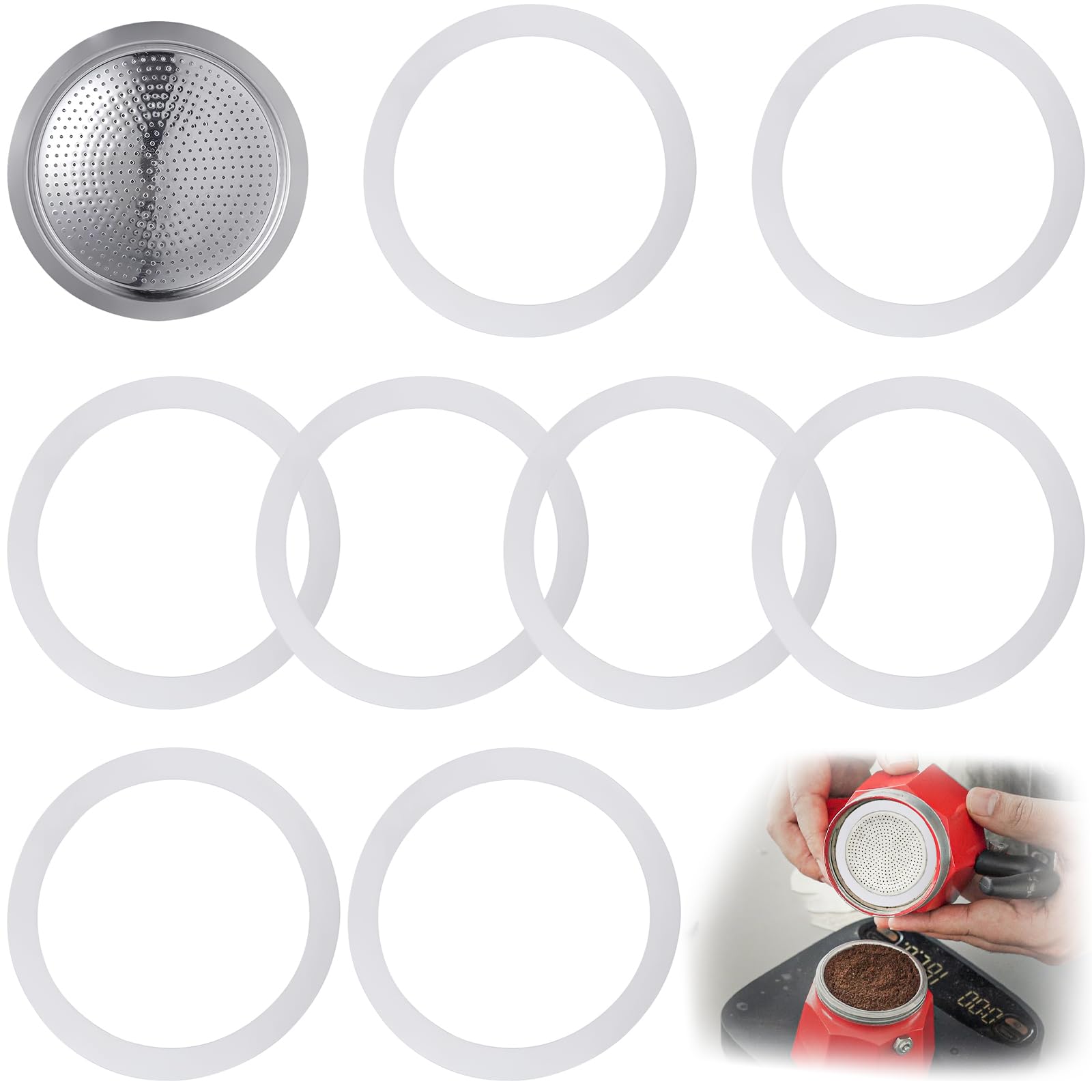 BlueXPPack of 8 Sealing Rings and Strainer Insert for Coffee Pots Espresso Maker Replacement Silicone Seal for 3 Cups Mocha Jug Coffee Machine Washable Replacement Sealing Ring
